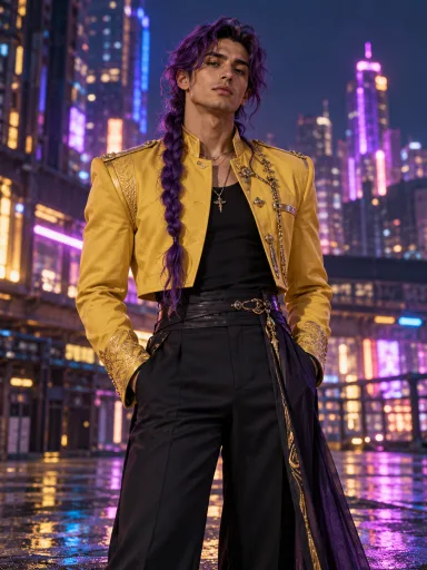 Violet Braid Hunter — AI-generated costume illustrations · your result will vary