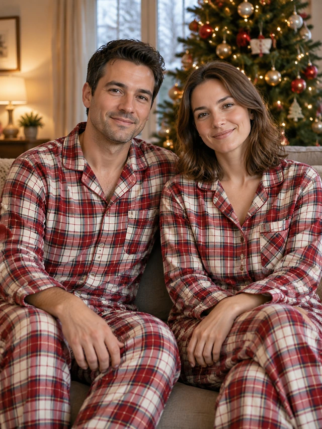 Illustrative adult couple wearing matching plaid pajamas beside a Christmas tree.