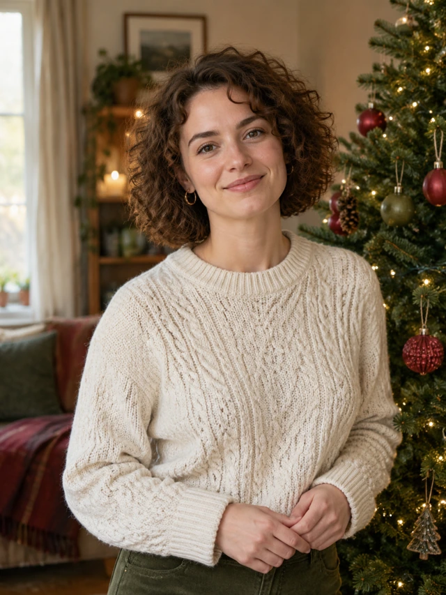 Illustrative Christmas portrait in cream knitwear beside a tree with warm lights.
