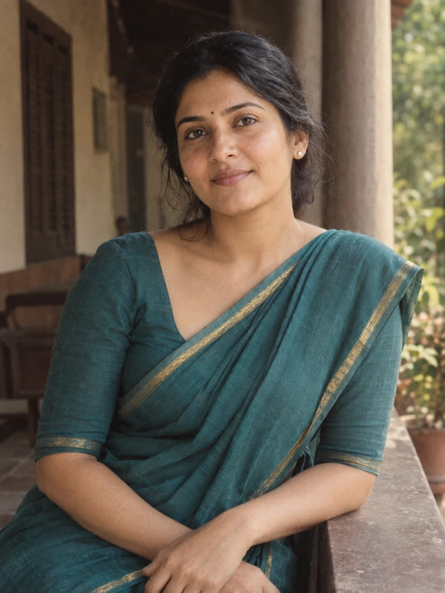 Illustrative adult portrait in a teal saree with warm faded film color and a shaded veranda.