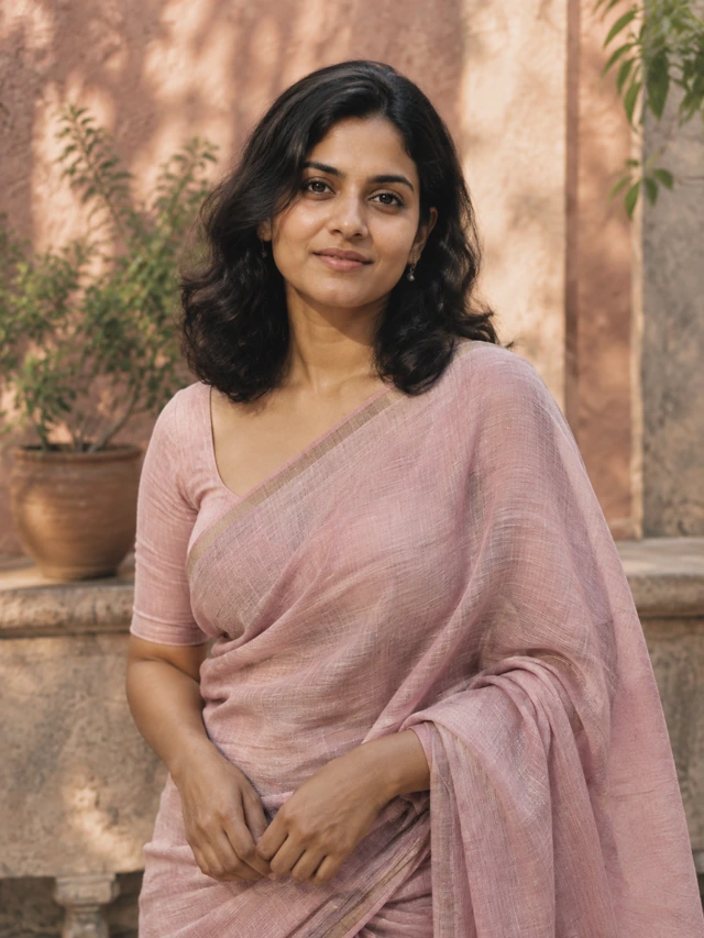 Illustrative portrait of an adult woman in a pale pink saree beside a sunlit courtyard wall.