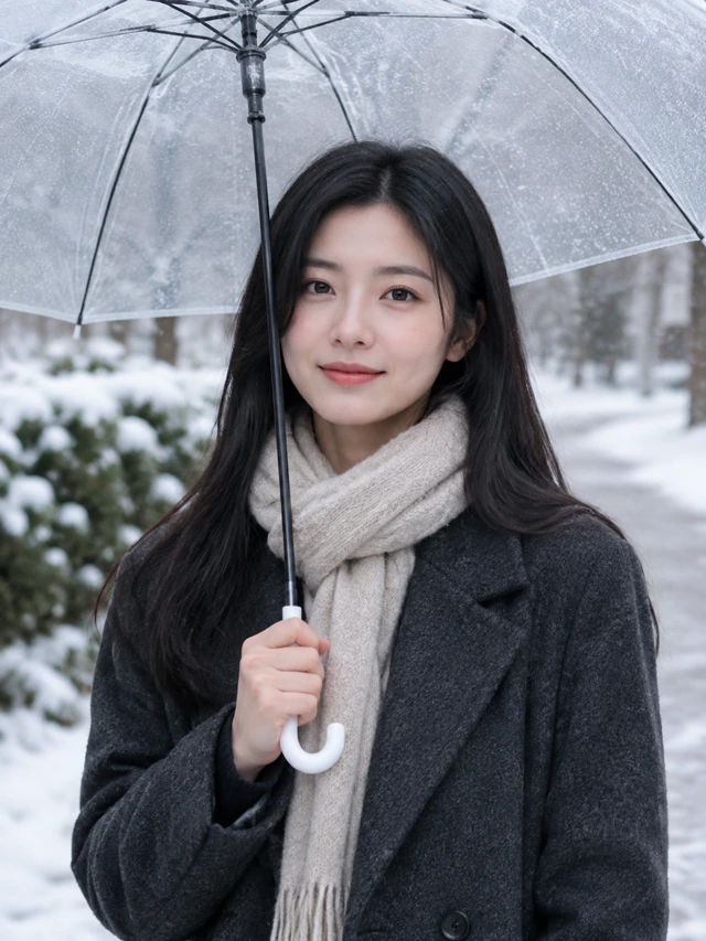 Illustrative winter portrait beneath a clear umbrella, with a dark coat and fine snow in the background.