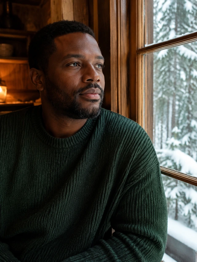 Illustrative adult portrait in dark green knitwear indoors beside a window overlooking snowy trees.