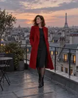 AI illustration of a woman in a red coat standing full length on a Paris rooftop at dusk.