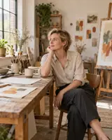 AI illustration of a woman artist beside her desk in a bright studio with paints, paper and a large window.