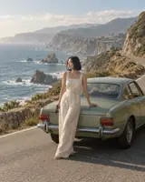 AI illustration of an East Asian woman beside a pale vintage car on a winding coastal road.
