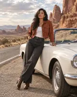 AI illustration of a Latina woman in a rust jacket leaning against a white convertible in a desert landscape. — AI style illustration