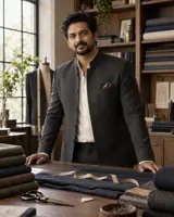 AI illustration of an Indian man in a tailoring atelier, standing waist-up beside fabrics and a worktable. — AI style illustration