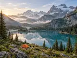 AI illustration of an alpine lake and mountain valley with a tiny orange campsite; no people are present.